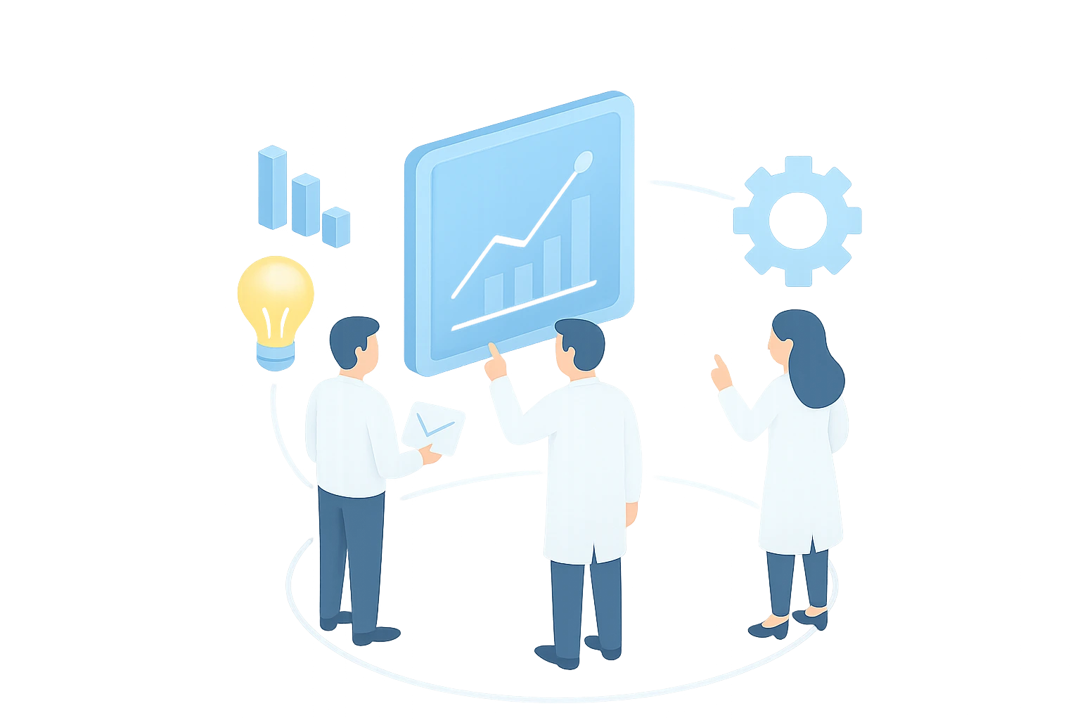 a group of people standing around a graph